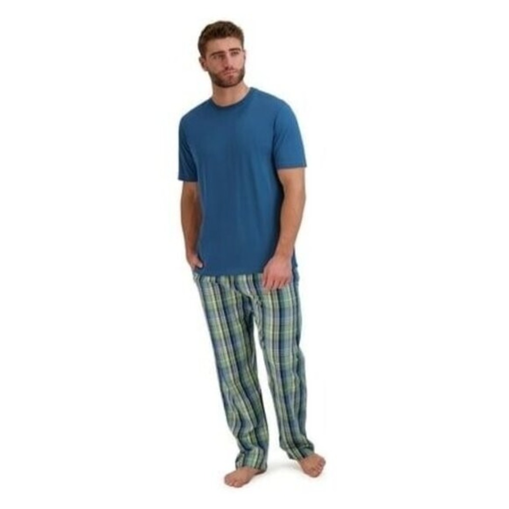 Hanes Men Short Sleeve Knit Sleep Top with Stretch Woven Pajama Pants Medium‎